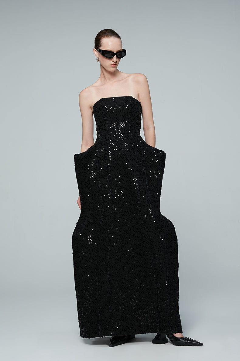 ANNAKIKI niche black beaded raw edge denim sleeveless dress-GUYTON