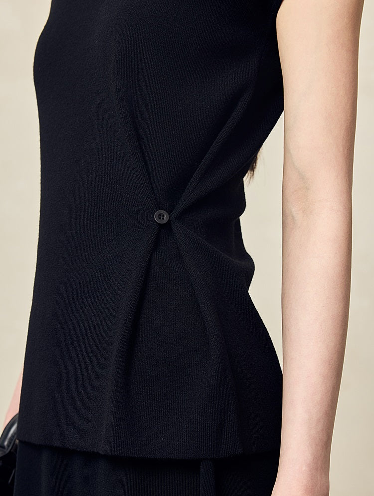 HECO Waist Side Buckle Stand Collar Knitted Short Sleeve Top- BLOOD.