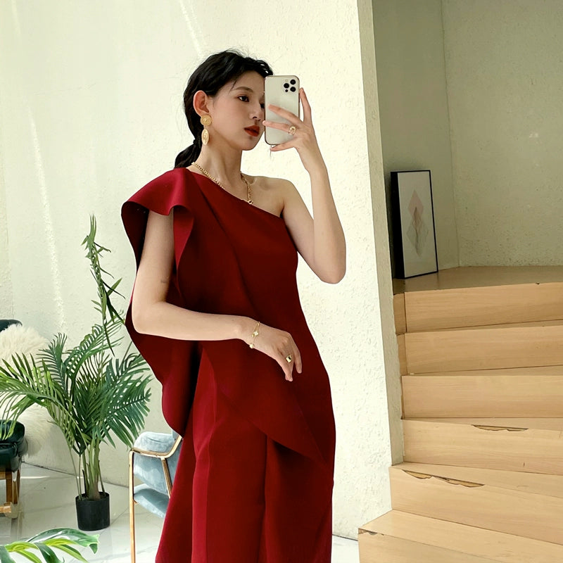 DOLLY Luxury French Style Ruffle One Shoulder Hip Hug Midi Dinner Dress-JEHO