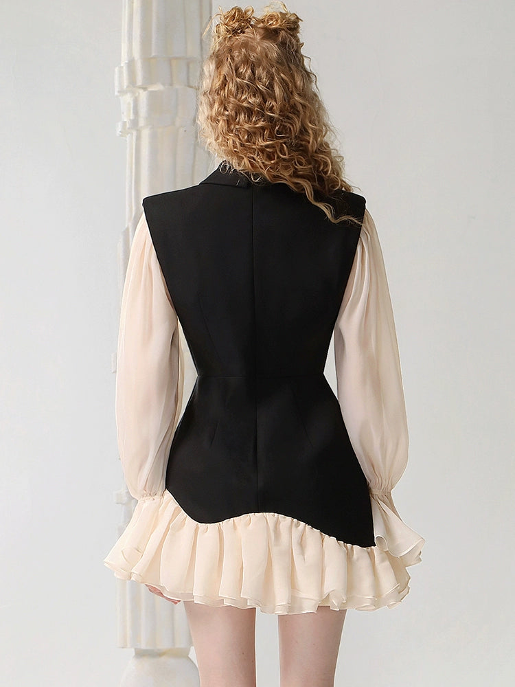 CHECOCRE Elegant Ruffle Contrasting Design Black Suit Dress- EDNA