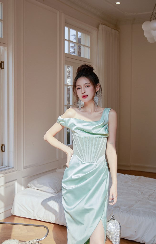 DOLLY Elegant French Style Herringbone One Shoulder Irregular Hem Dinner Dress-SALOMI