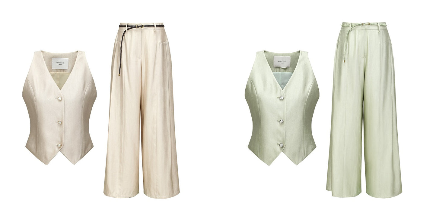 WANGXO | Silk Brocade Shaved Shoulder Vest Top & Tailored Pants Set  -NOOR