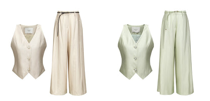 WANGXO | Silk Brocade Shaved Shoulder Vest Top & Tailored Pants Set  -NOOR