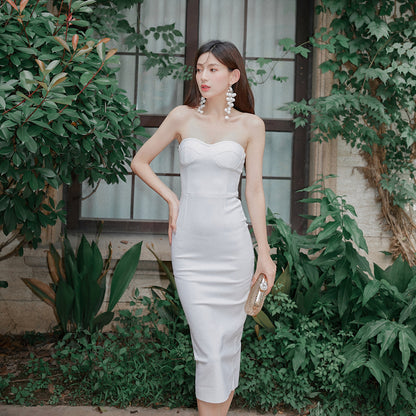 DOLLY Luxury White Simple Off Shoulder Tube Top Slim Fit Hip Hug Banquet Dress-BORA