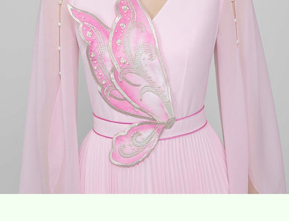 Magic Q pink V-neck butterfly-shaped embroidery beaded hollow-out pleated chiffon fairy dress