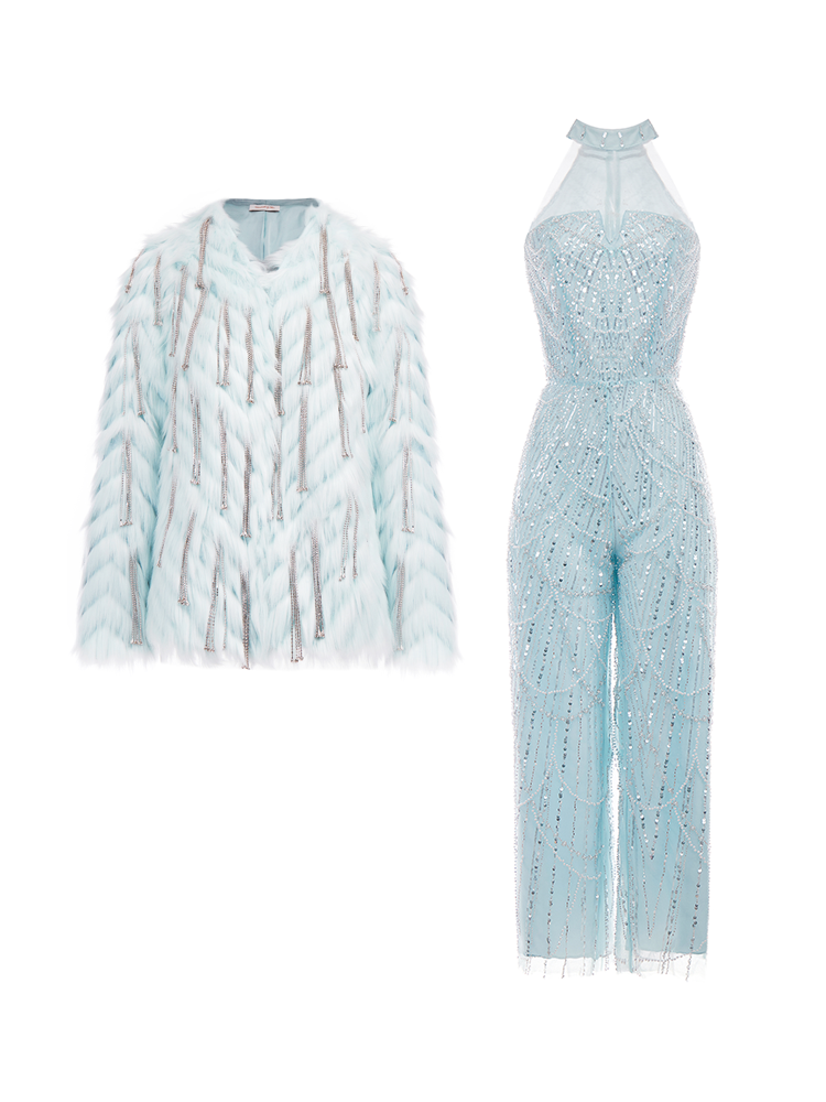 Wardrobes by Chen Luxury Diamond Chain Tassel Fur Coat/Beaded Jumpsuit-Divine