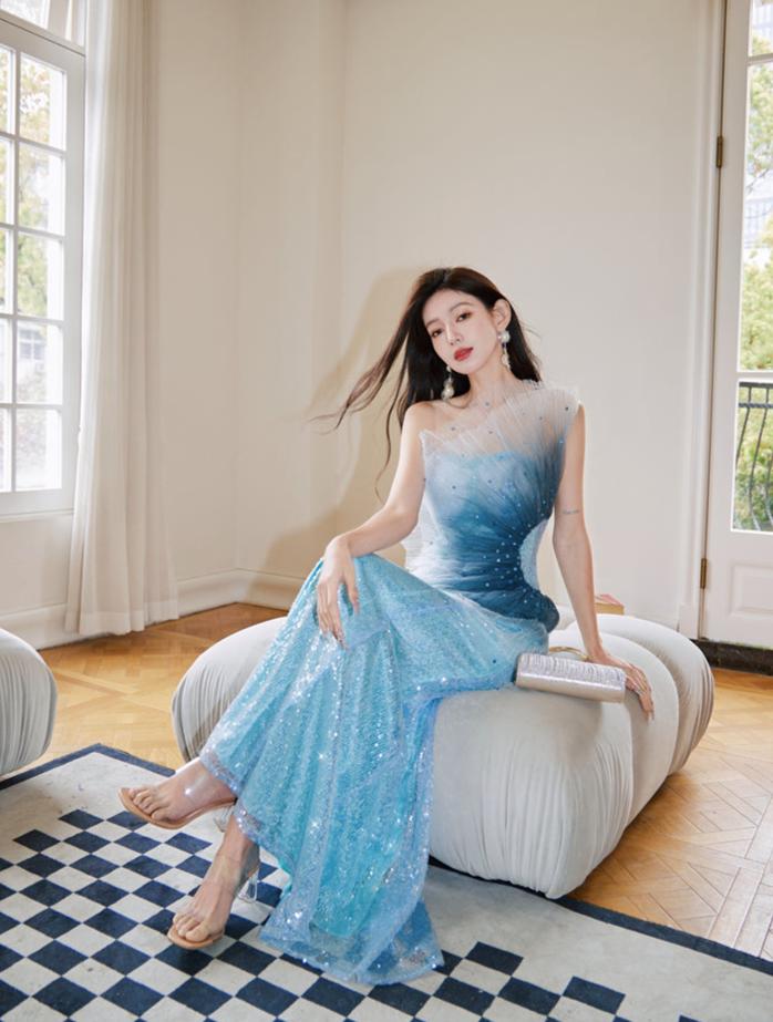 DOLLY Luxury Blue Sleeveless Mesh Bandeau High Waist Long Fish Tail Cocktail Dress-SENORA