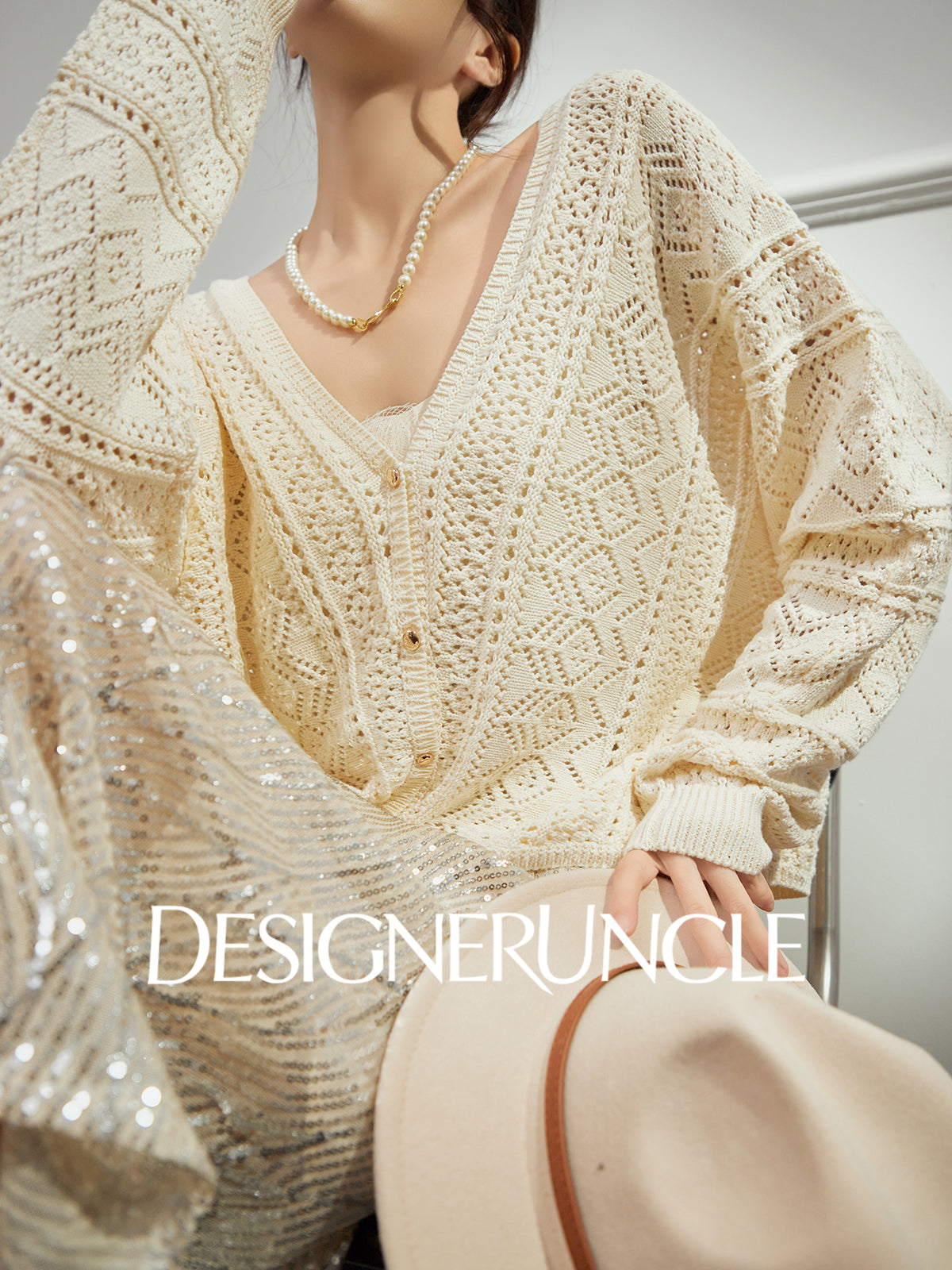 DGU "Light Grapefruit" apricot knitted sweater cut-out loose and versatile high-end top - GREC.
