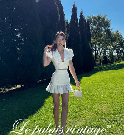 Le Palais Vintage French Girly Pure White Puff Sleeve Short Top and Ruffled Skirt-ASDA.