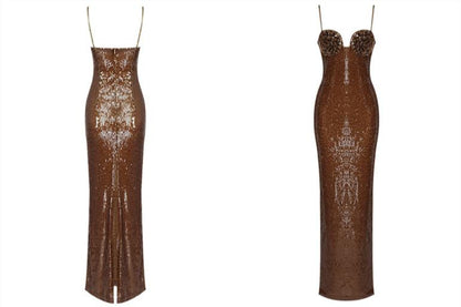 DOLLY High End Brown V-neck Sleeveless Flower Design Long Dress-OVA