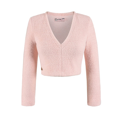 Le Palais Vintage Luxury Two Piece V-neck Top Pink Plush Handbag Short Skirt Suit-Lora