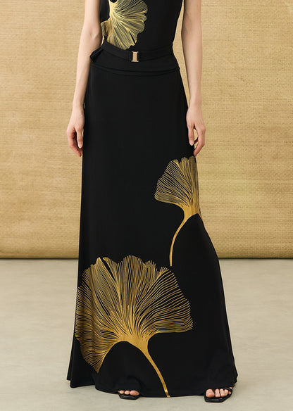 HECO Chinese draped skirt summer fashion ginkgo print skirt set - AFLORAL.