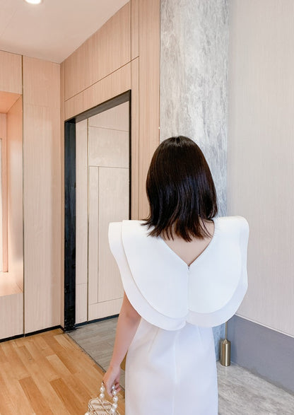 DOLLY Elegant White V-Neck Flying Ruffle Sleeve Slim Fit Long Goddess Dress-CLAUDIA