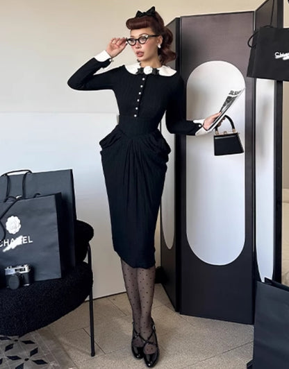 Le Palais Vintage Elegant Black and White Round Neck Cardigan High Waist Pencil Office Skirt-Ivy