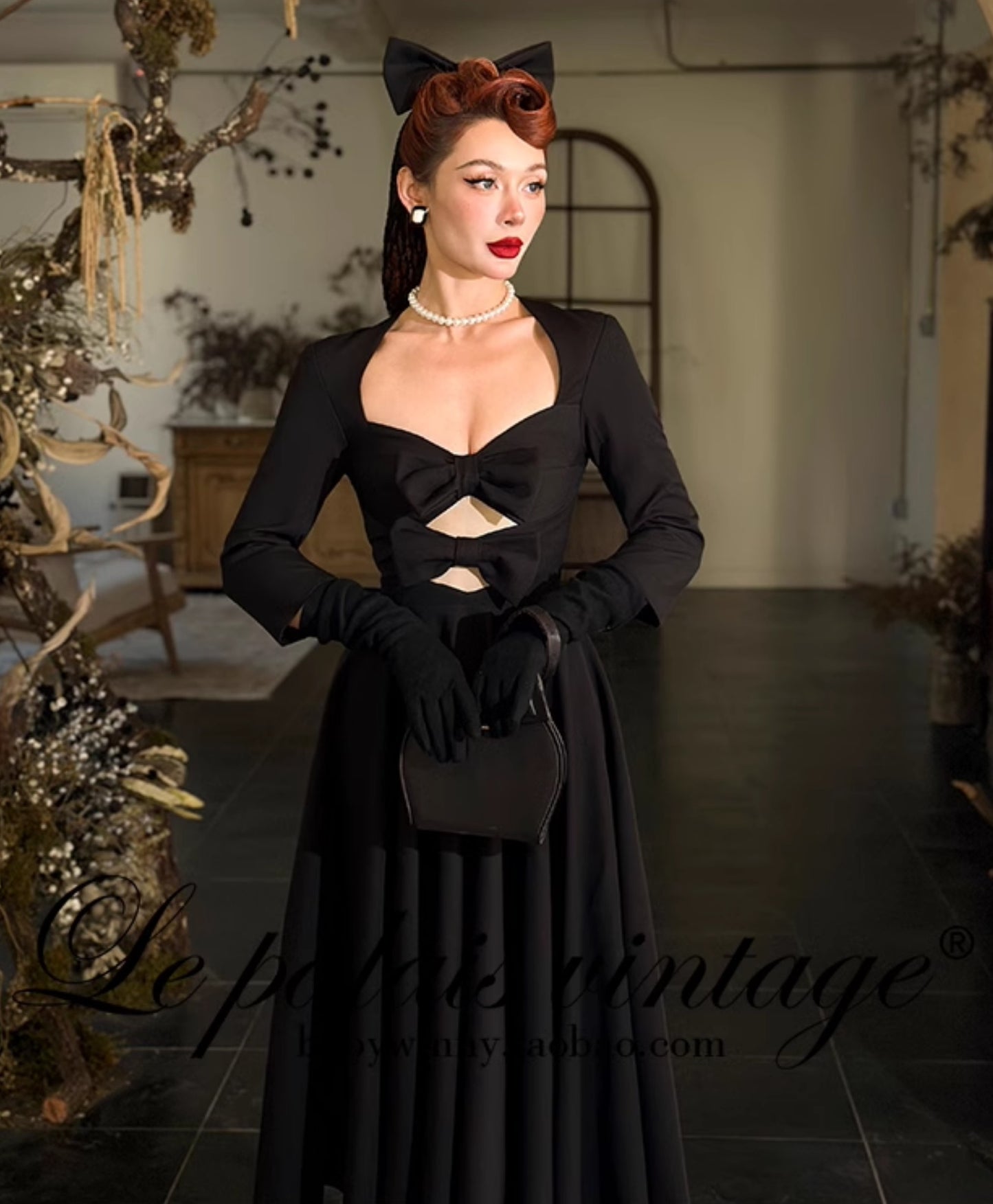 Le Palais Vintage Elegant Retro Long Sleeves Plain Mid Skirt Black  Long Cocktail Hem Dress-Aurora