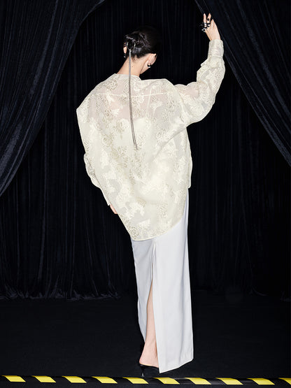 M essential Mackay designer embroidered semi-sheer silhouette shirt skirt set -  Arani.