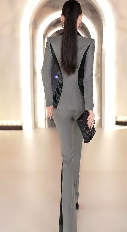 VJE  Color-Blocking Suit Micro Flared Pants Two-Piece Set - YUN.