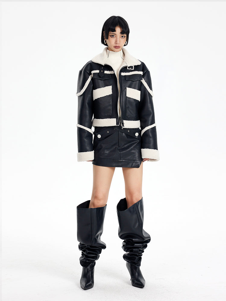 TINY IN black and white contrasting stitched fur leather biker jacket -MIKE