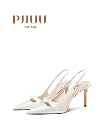 PJJUU white satin pointed toe sling high heels - DISS.