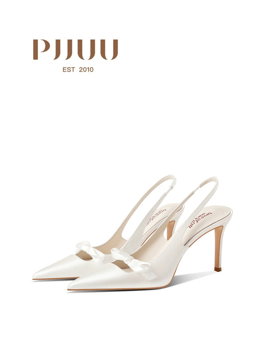PJJUU white satin pointed toe sling high heels - DISS.
