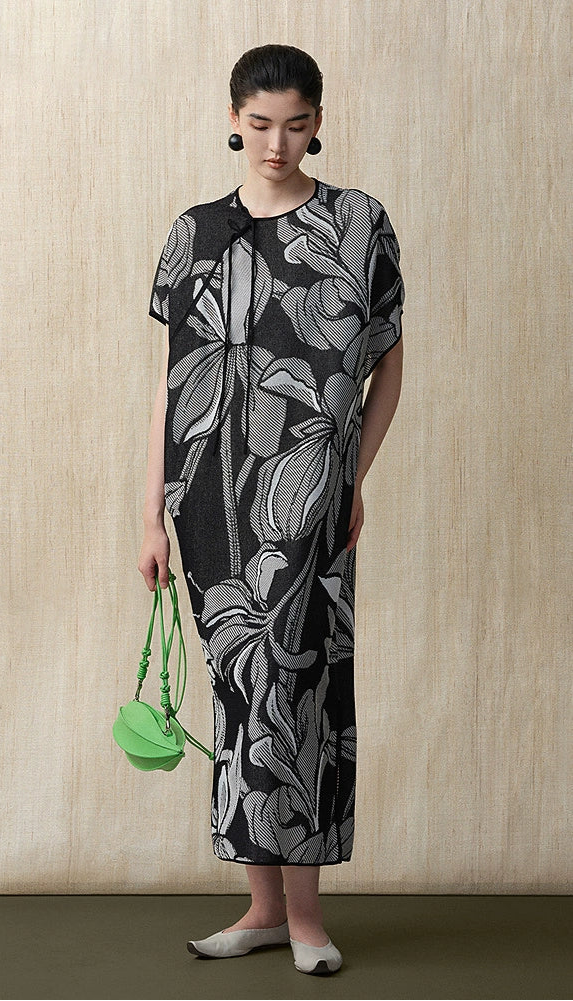 ZHUCHONGYUN Chinese diagonal placket black knit dress- NEZUKO.