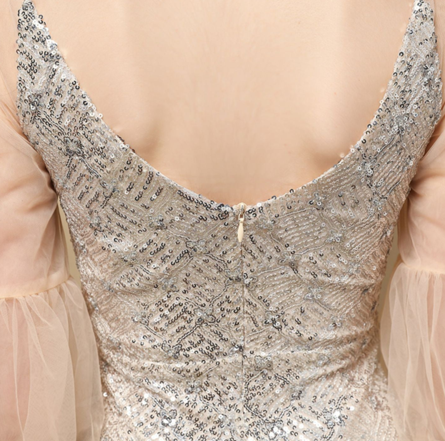 DOLLY Elegant Black Glitter Mesh Long Puff Sleeve Sequin Evening Dress-NUNU