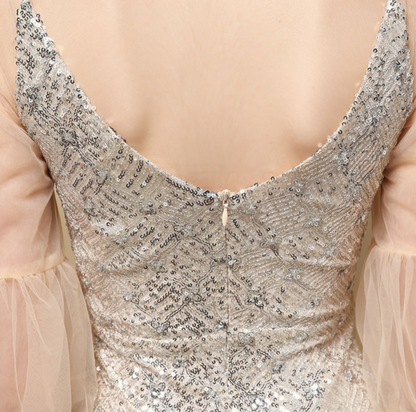 DOLLY Elegant Black Glitter Mesh Long Puff Sleeve Sequin Evening Dress-NUNU