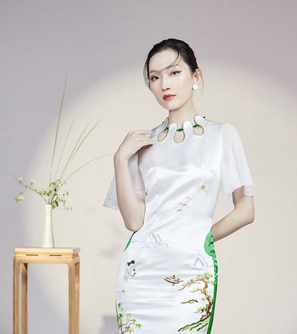 Magic Q embroidered flower drop neck panel gauze sleeves skirt - Vaielo