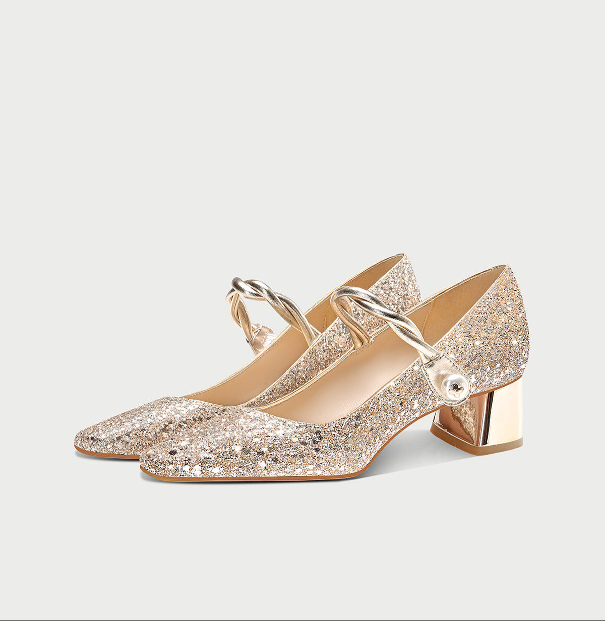 Pjjuu line belt square heel MaryJane gold wedding bridal Shoes  - MARA