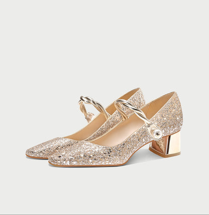 Pjjuu line belt square heel MaryJane gold wedding bridal Shoes  - MARA