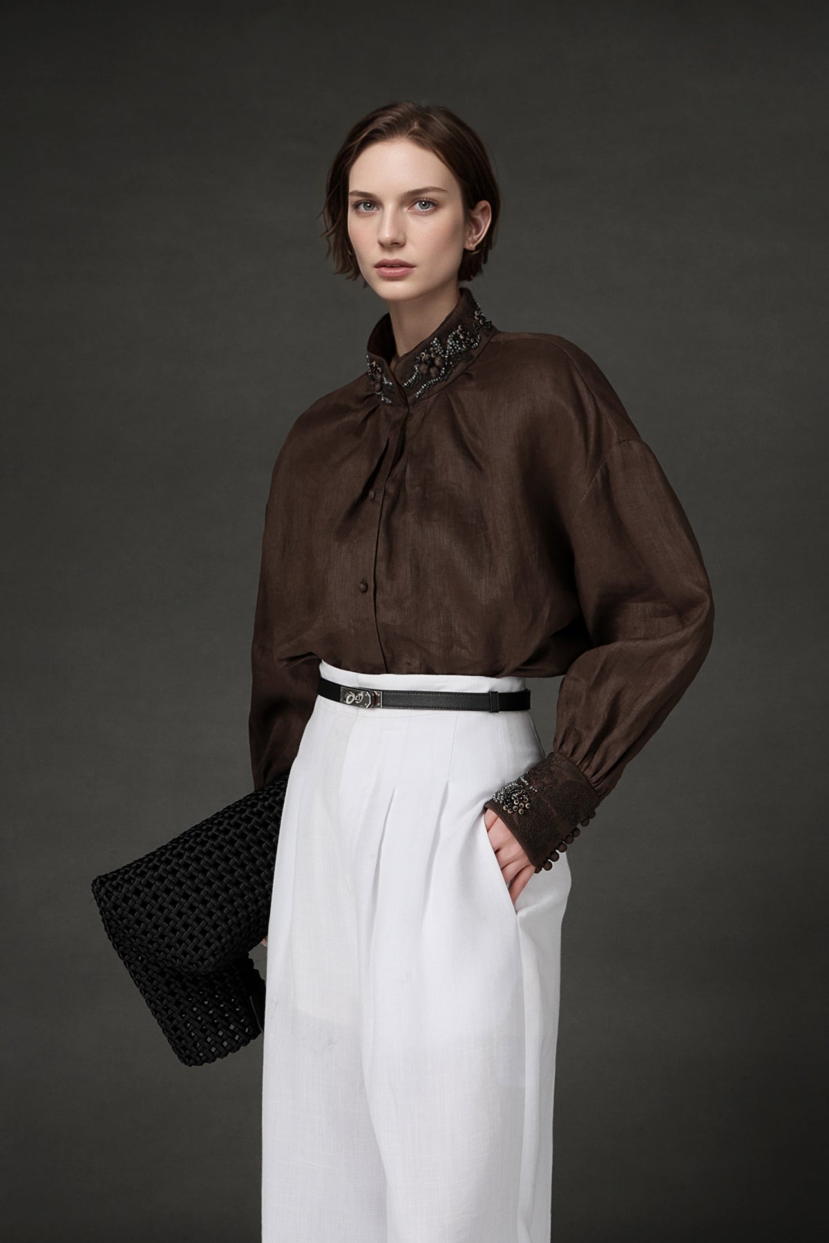 PIAOIN luxury vintage beaded design handmade custom shirt-BEATRICE.