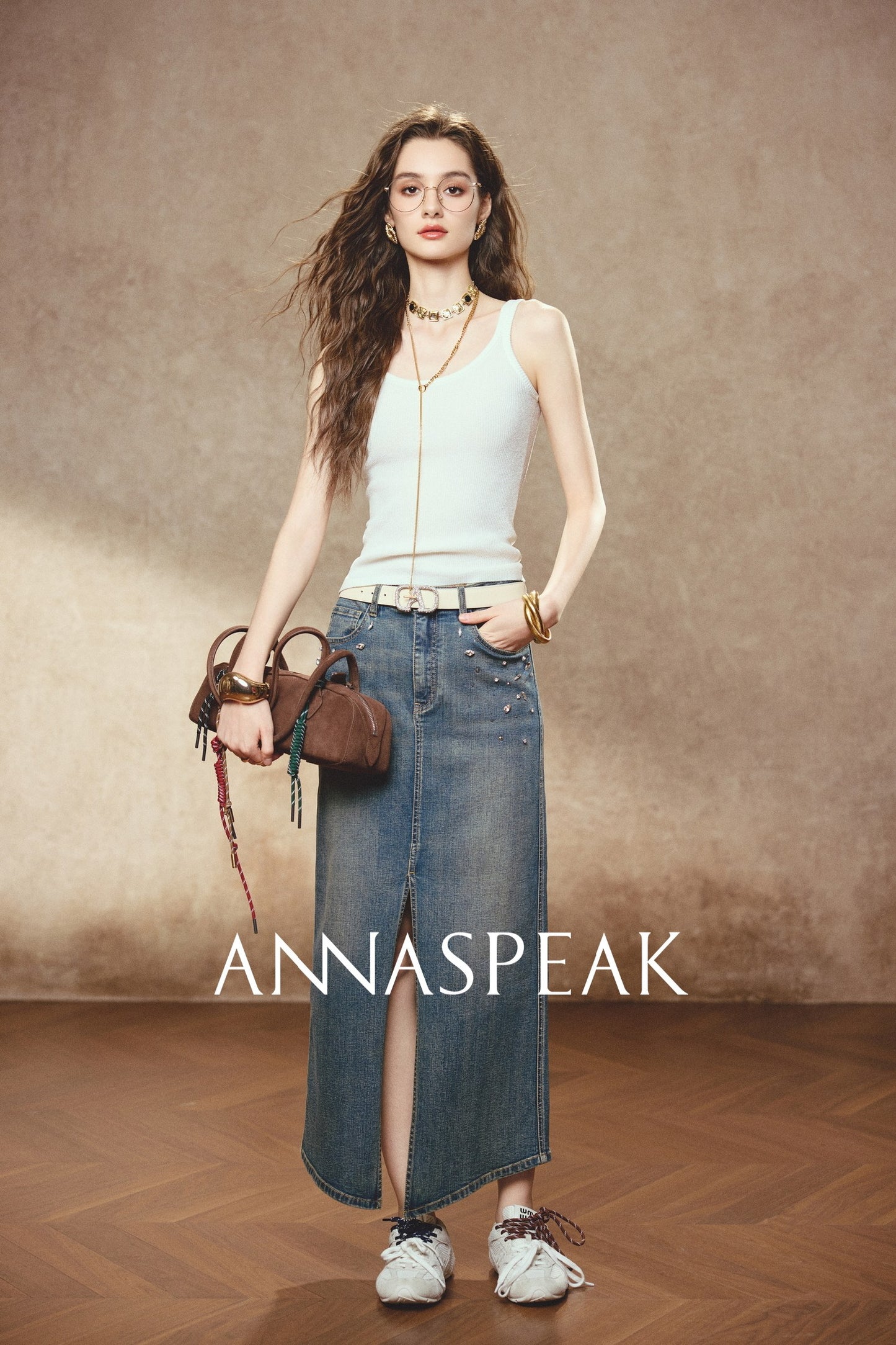 ANNASPEAK Denim long staple cotton slit skirt denim skirt-ISLE.