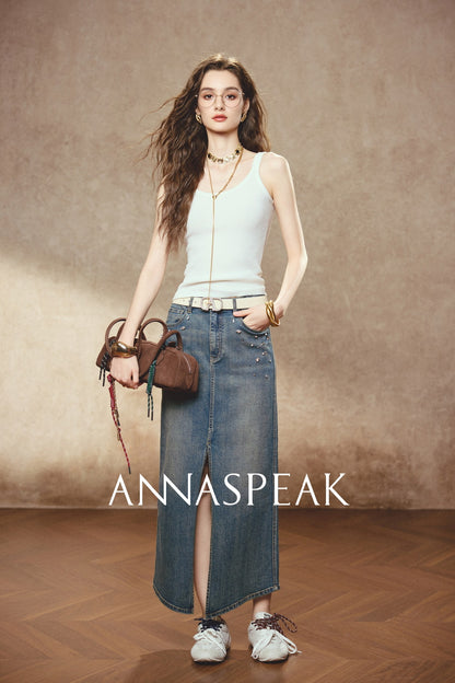 ANNASPEAK Denim long staple cotton slit skirt denim skirt-ISLE.