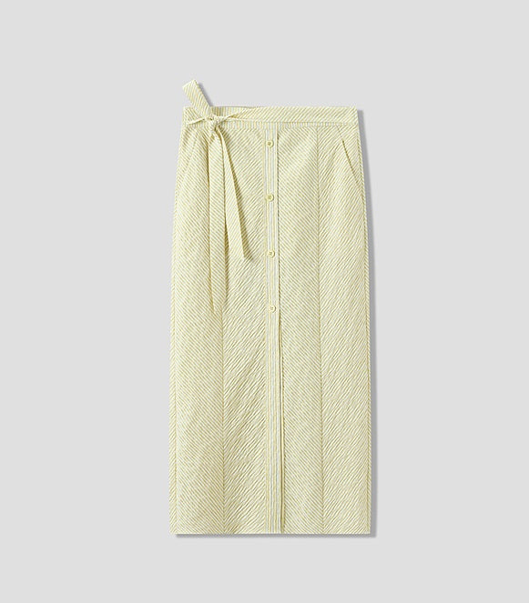 COMME MOI Crinkled yellow striped front slit midi skirt - CUBA.