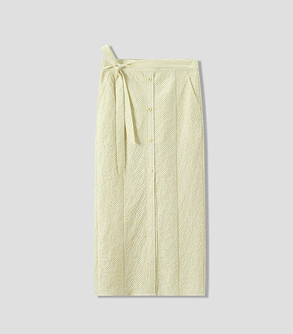COMME MOI Crinkled yellow striped front slit midi skirt - CUBA.
