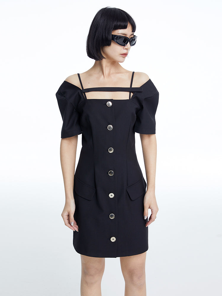 TINY IN dropped shoulders short sleeve square neck little black dress -JAJA