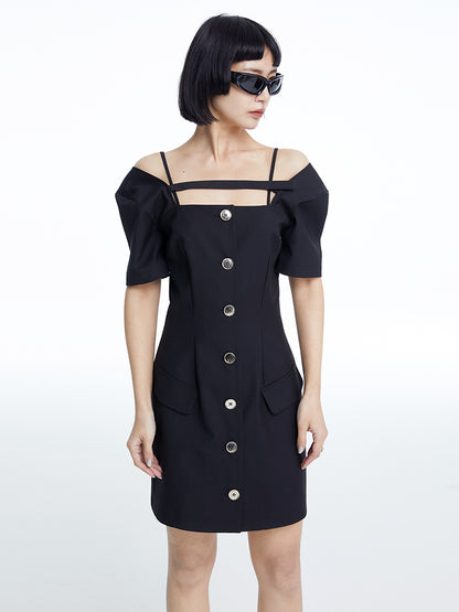 TINY IN dropped shoulders short sleeve square neck little black dress -JAJA