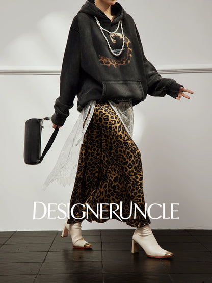 DGU×LAB "Moye" retro black sweatshirt  leopard tail print commuter top - TINK
