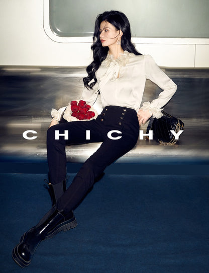 CHICHY French high-end narrow black slim small leg long pants-MIZU