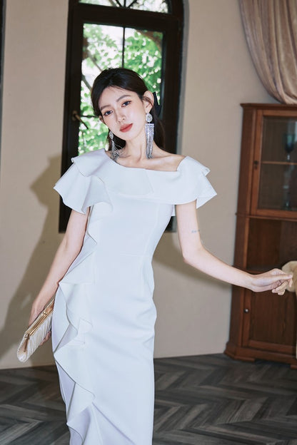 DOLLY High End Purple Ruffled Square Collar Slim Fit Formal Dinner Dress-ANGELIKI