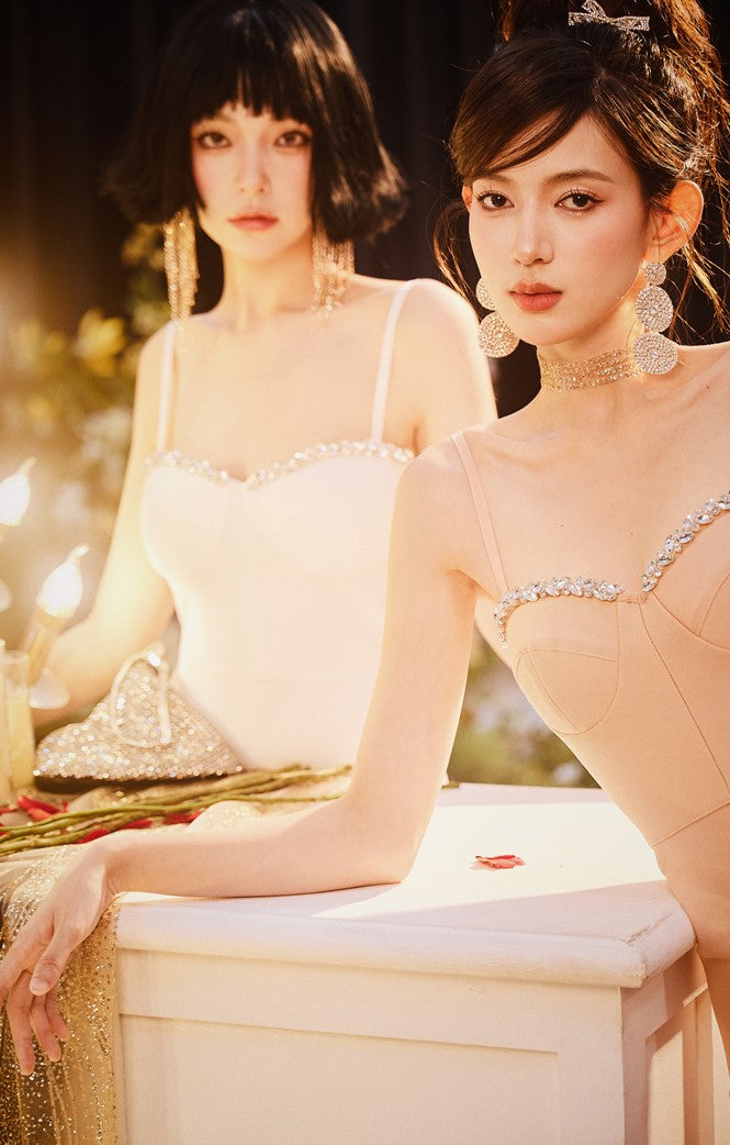 DOLLY High End White/Nude Sleeveless Diamond Fish Tail Suspender Dress-JABEL