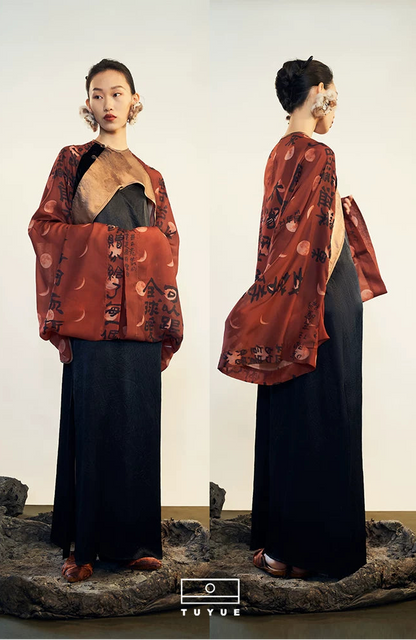 TUYUE Chinese Art Print Satin Acetate Silhouette Shawl Jacket- AMBER