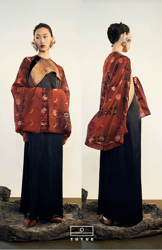 TUYUE Chinese Art Print Satin Acetate Silhouette Shawl Jacket- AMBER