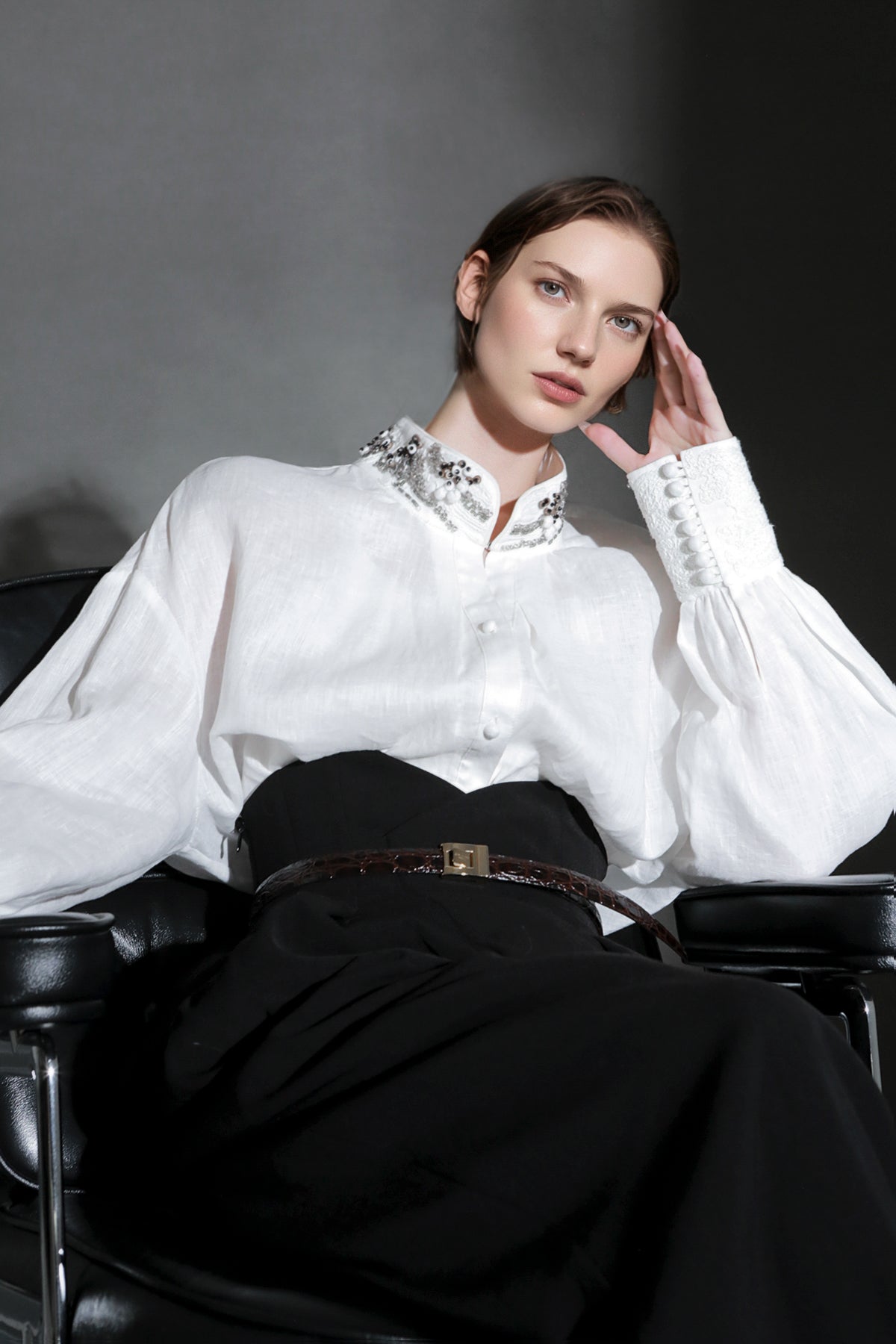 PIAOIN luxury vintage beaded design handmade custom shirt-BEATRICE.