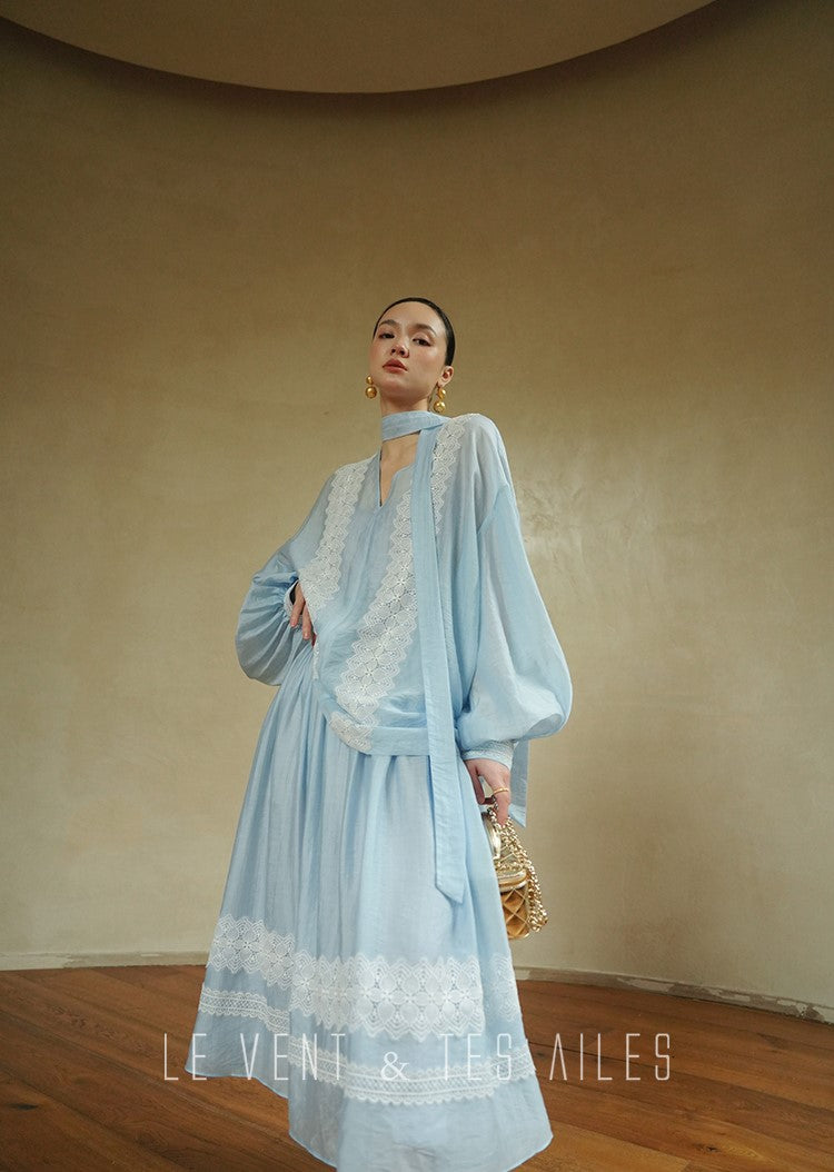 LE VENT&TES AILES pastel blue elegant summer vacation  V-neck shirt skirt set -GWEN