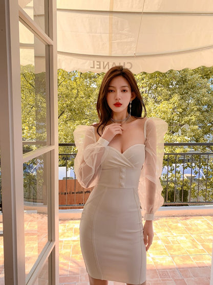 DOLLY Elegant White/Black V-Neck Mesh Long Puff Sleeve Slim Fit Dress-HAN