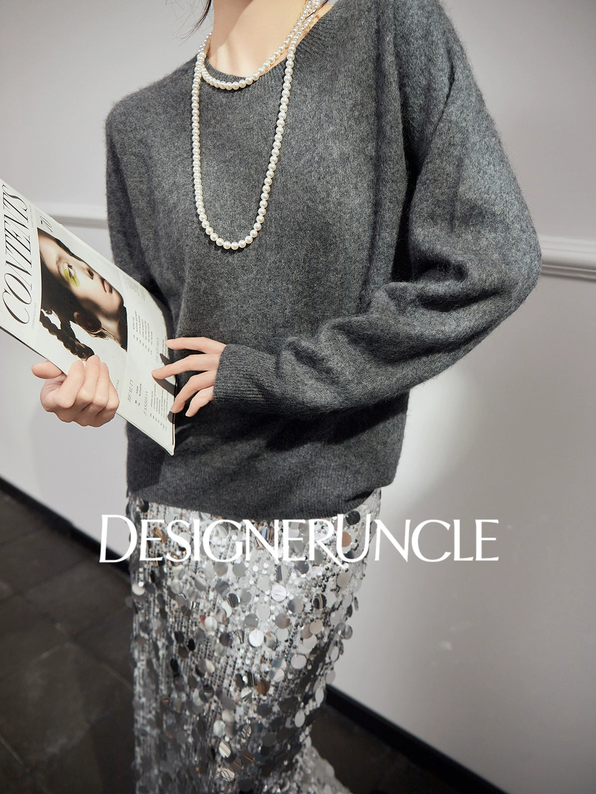 DGU "Goose Return" gray crew neck sweater loose and versatile slimming top - ALVADA.