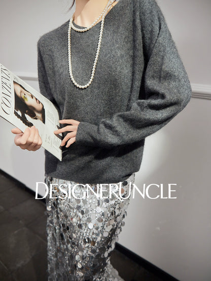 DGU "Goose Return" gray crew neck sweater loose and versatile slimming top - ALVADA.