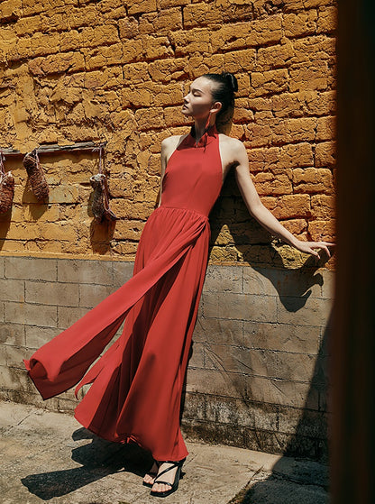 HECO Chinese Style Spell Receiving Waist Sleveless Dress - SIMMER.