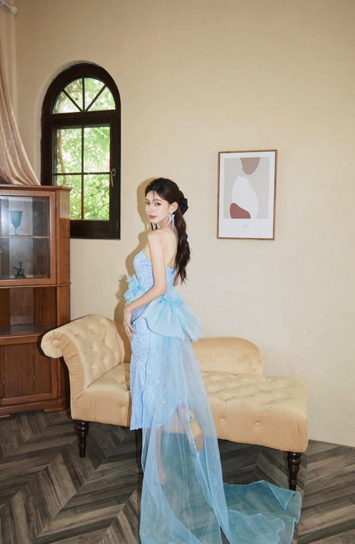 DOLLY Elegant Blue Flower Ribbon Tube Sequin Fish Tail Dinner Dress-LONE